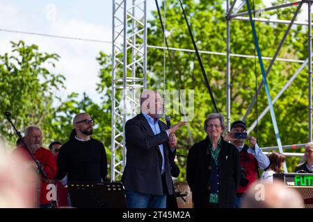 Gattatico, Reggio Emilia, Italy - April 25, 2023: Stefano Bonaccini Governor of the Emilia Romagna Region speaking with the audience during the Libera Stock Photo