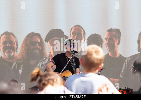 Gattatico, Reggio Emilia, Italy - April 25, 2023: Alessandro Finazzo, called Finaz lead guitarist of the folk-rock band Bandabardò during the 25 April Stock Photo