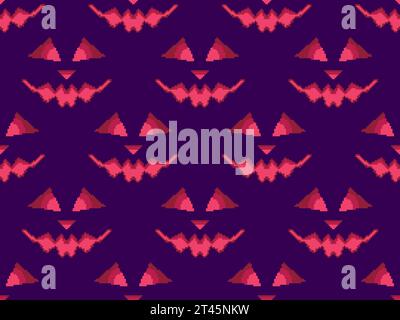 Halloween scary face with glowing eyes in pixel style. Seamless pattern with scary faces carved on a pumpkin in 8-bit 80-90s video game style. Design Stock Vector