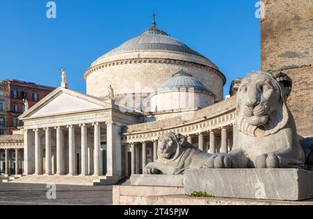 Neaples - The Basilica Reale Pontificia San Francesco da Paola and monument to Charles VII of Naples - Piazza del Plebiscito square. Stock Photo