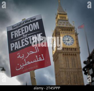 London, England, UK. 28th Oct, 2023 protest sign freedom for Palestine and  Westminster in background © Horst Friedrichs Credit: horst friedrichs/Alamy Live News Stock Photo