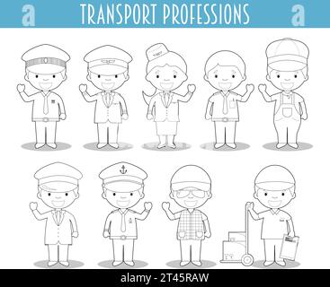 Vector Set of Transport Professions for coloring in cartoon style. Stock Vector