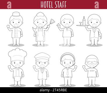 Vector Set of Hotel Staff Professions for coloring in cartoon style. Stock Vector