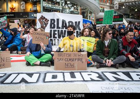 London, UK. 28th Oct, 2023. Pro Palestine demonstrators block the concourse of Waterloo station. British Jews protest with placards. Credit Image: © Horst Friedrichs Credit: horst friedrichs/Alamy Live News Stock Photo