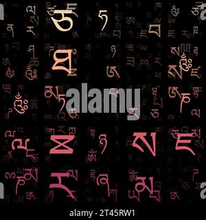 Abstract background. Random letters of the Tibetan alphabet. Gradiented matrix pattern. Orange pink color theme backgrounds. Tileable horizontally. Stock Vector