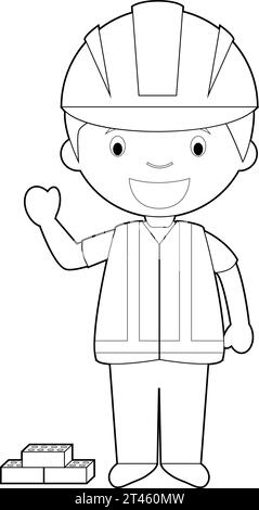 Easy coloring cartoon vector illustration of a builder. Stock Vector