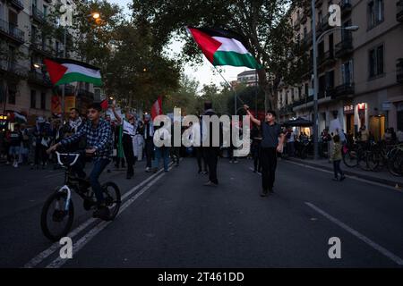 Barcelona, Spain. 28th Oct, 2023. A boy waves a Palestinian flag during the demonstration. Around 300 people marched from the Rambla del Raval to the European Commission headquarters in Barcelona as part of a new pro-Palestinian demonstration. (Photo by Ximena Borrazas/SOPA Images/Sipa USA) Credit: Sipa USA/Alamy Live News Stock Photo