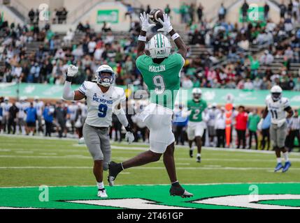 October 28, 2023:.North Texas Mean Green wide receiver Ja'Mori Maclin (9) with a touchdown catch in the third quarter of the NCAA Football game between the Memphis Tigers and the North Texas Mean Green at DATCU Stadium in Denton, TX. Ron Lane/CSM Stock Photo