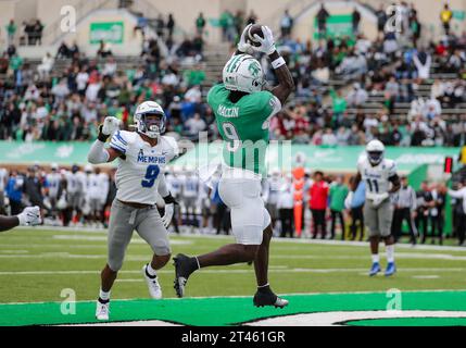 October 28, 2023:.North Texas Mean Green wide receiver Ja'Mori Maclin (9) with a touchdown catch in the third quarter of the NCAA Football game between the Memphis Tigers and the North Texas Mean Green at DATCU Stadium in Denton, TX. Ron Lane/CSM Stock Photo