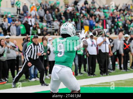 October 28, 2023:.North Texas Mean Green wide receiver Ja'Mori Maclin (9) with a fourth quarter touchdown catch in the NCAA Football game between the Memphis Tigers and the North Texas Mean Green at DATCU Stadium in Denton, TX. Ron Lane/CSM Stock Photo