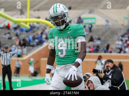 October 28, 2023:.North Texas Mean Green wide receiver Ja'Mori Maclin (9) celebrates a touchdown catch during the fourth quarter of the NCAA Football game between the Memphis Tigers and the North Texas Mean Green at DATCU Stadium in Denton, TX. Ron Lane/CSM Stock Photo