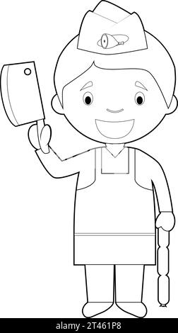 Easy coloring cartoon vector illustration of a butcher. Stock Vector