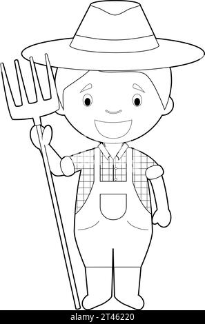 Easy coloring cartoon vector illustration of a farmer. Stock Vector