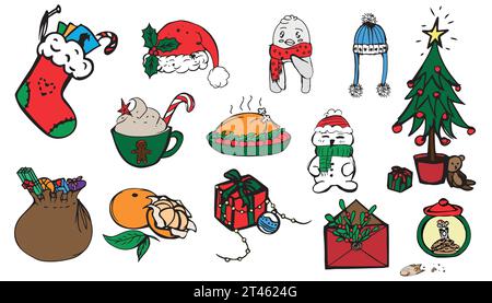 Christmas cute icons, design elements, doodle vector set illustrations for banners Stock Vector