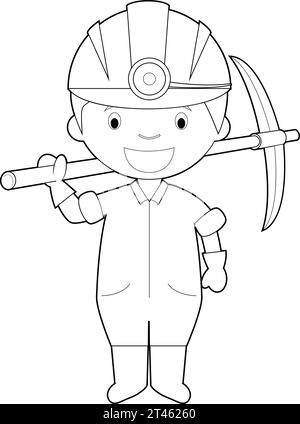 Easy coloring cartoon vector illustration of a miner. Stock Vector