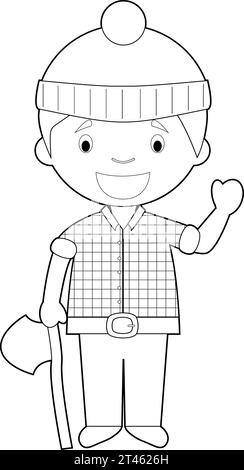 Easy coloring cartoon vector illustration of a lumberjack. Stock Vector