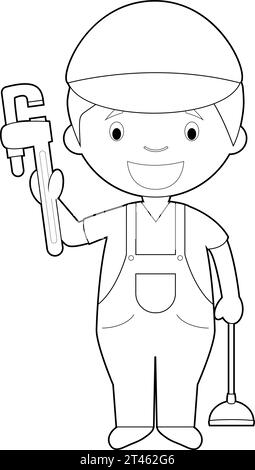 Easy coloring cartoon vector illustration of a plumber. Stock Vector