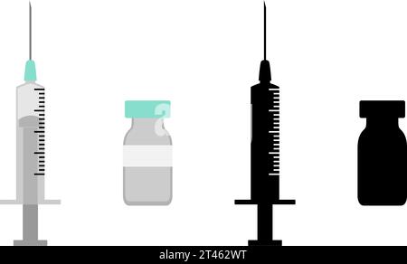 Set of Stylized Syringe Needle and Vaccine Jab Glass Vial Icon. Vector Image. Stock Vector