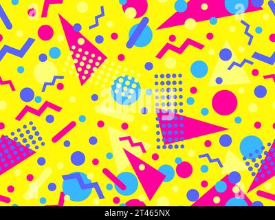 Memphis seamless pattern with geometric shapes in 80s and 90s style. Geometric shapes of different shapes and colors. Design of promotional products, Stock Vector