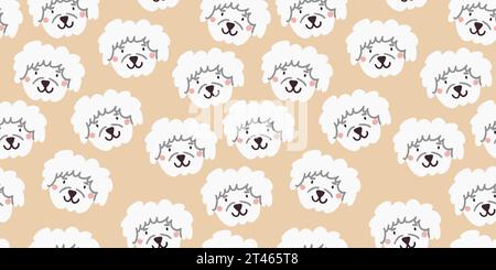 Vector seamless pattern with cute white dog faces. Dog pattern on beige background. Vector illustration Stock Vector