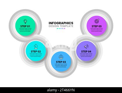 Infographic template with icons and 5 options or steps. Connected circles. Can be used for workflow layout, diagram, banner, webdesign. Vector illustr Stock Vector