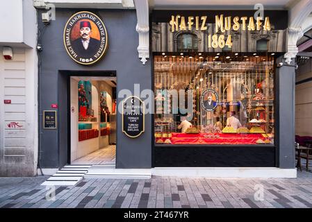 Istanbul, Turkey - May 13, 2023: Display window of Hafiz Moustafa, an old traditional Turkish Delight shop, in Istiklal Street, near Taksim Square Stock Photo