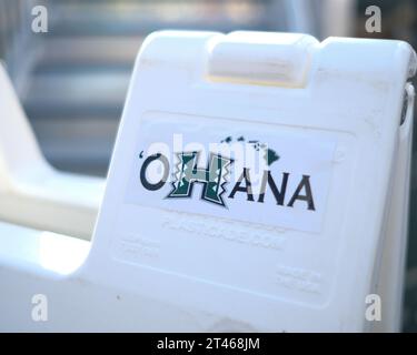 October 14, 2023: 'Ohana'' means family in Hawaiian language as signs were displayed during the NCAA football game between the University of Hawaii Warriors and the San Diego St. Aztecs at Clarence T.C. Ching Complex in Honolulu, Hawaii. Glenn Yoza/CSM Stock Photo