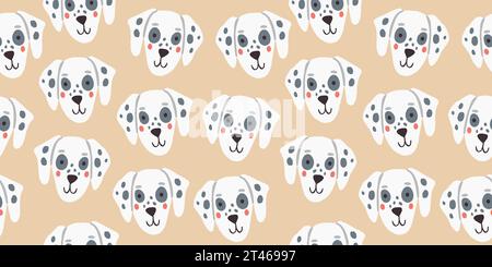 Vector seamless pattern with cute dalmatian dog faces. Dog pattern on beige background. Vector illustration Stock Vector