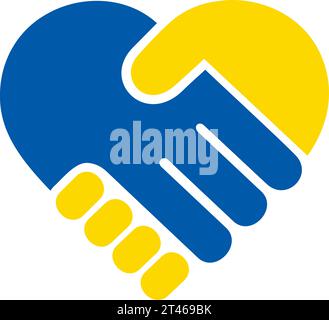 Ukrainian flag colors icon of handshake in the form of a heart as a concept of trust and support Stock Vector