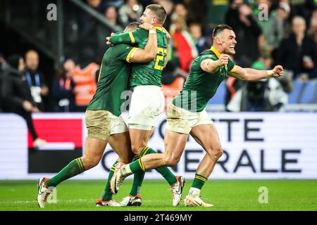 Saint-Denis, France, France. 28th Oct, 2023. Jesse KRIEL celebrate the victory with teammates during the World Cup 2023, final match between New Zealand and South Africa at Stade de France on October 28, 2023 in Saint-Denis near Paris, France. (Credit Image: © Matthieu Mirville/ZUMA Press Wire) EDITORIAL USAGE ONLY! Not for Commercial USAGE! Stock Photo