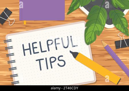helpful tips written in a notebook, flat lay view- vector illustration Stock Vector