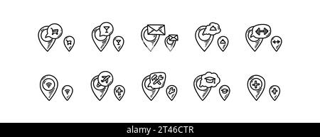 Location pin and flag icons set. Doodle location marker. Sketch restaurant, gym, bar, airport, hospital, store, university pinpoint. Hand drawn gps na Stock Vector