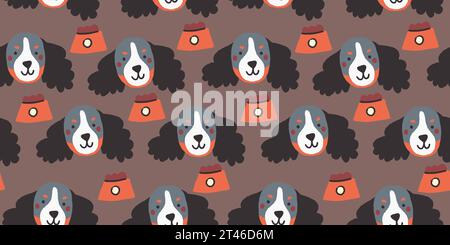 Vector seamless pattern with cute dog faces with food bowl. Dog pattern on brown background. Vector illustration Stock Vector