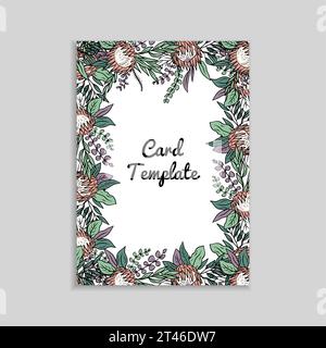 Hand drawn colorful line art protea flower tropical rectangle vertical frame Stock Vector