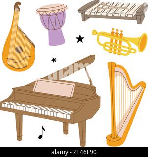 Musical instruments set. Bandura, djembe drum, bongo, congo, grand piano, wooden xylophone, tuba, trumpet, lyre, wooden harp. Vector illustration. Stock Vector