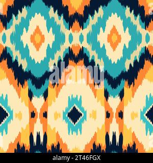 Ikat seamless pattern with blue and orange colors. Vector illustration Stock Vector