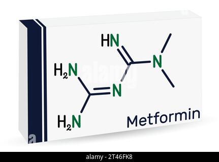 Metformin molecule. It is biguanide antihyperglycemic agent used in management of type II diabetes. Skeletal chemical formula. Paper packaging for dru Stock Vector