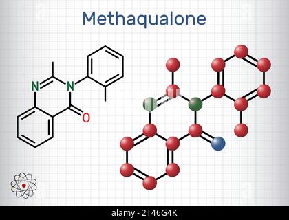 Methaqualone molecule. It is sedative, hypnotic drug, used to treat insomnia. Skeletal chemical formula. Paper packaging for drugs. Vector illustratio Stock Vector