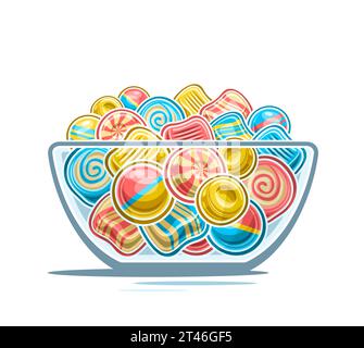 Vector Candy Bowl, decorative poster with outline illustration of multi colored candy composition, sweet print with cartoon design hard candies and bu Stock Vector
