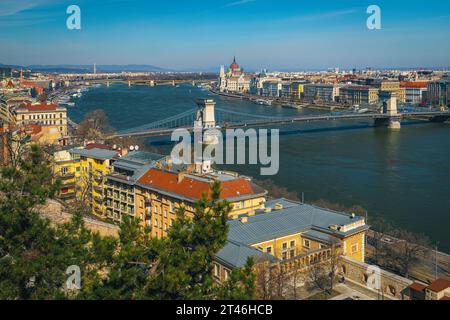 Great panoramic view from the Buda castle with Chain bridge over the Danube river and beautiful shoreline, Budapest, Hungary, Europe Stock Photo