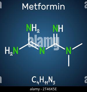 Metformin molecule. It is biguanide antihyperglycemic agent used in management of type II diabetes. Structural chemical formula on the dark blue backg Stock Vector