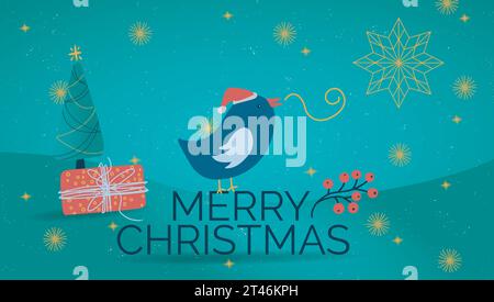 Merry Christmas vector banner in green, red and blue colors with little Christmas bird and decoration elements Stock Vector
