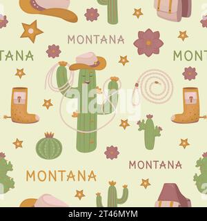 Montana seamless pattern in boho style, color vector background with a cactus-cowboy Stock Vector