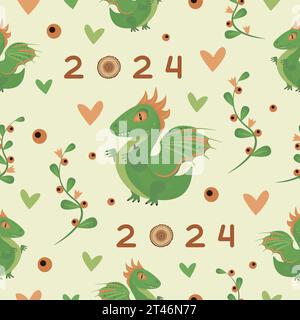 Cute seamless pattern of wood green dragon, color light vector background for 2024 year Stock Vector
