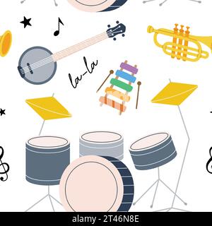 Musical instruments seamless pattern. Tuba, trumpet, drum flute, horn, lute, violin, electric bass guitar. Colored musical instruments background Stock Vector