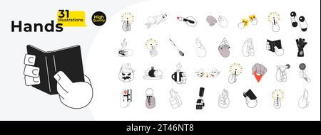 Everyday moments cartoon hands outline illustration bundle Stock Vector