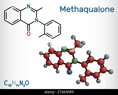 Methaqualone molecule. It is sedative, hypnotic drug, used to treat insomnia. Structural chemical formula and molecule model. Vector illustration Stock Vector