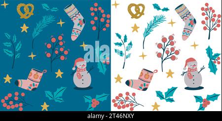 New Year and Christmas seamless pattern set with Christmas symbols and elements, elegant winter design. Christmas and New Year pattern with transparen Stock Vector