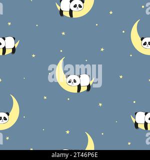 Seamless childish pattern with cute panda bear sleeping on moon. Baby print, vector illustration Stock Vector