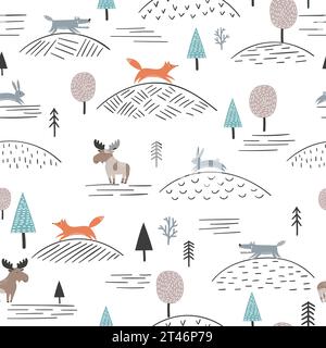 Seamless forest pattern with cute animals and trees. Vector childish background in scandinavian style Stock Vector